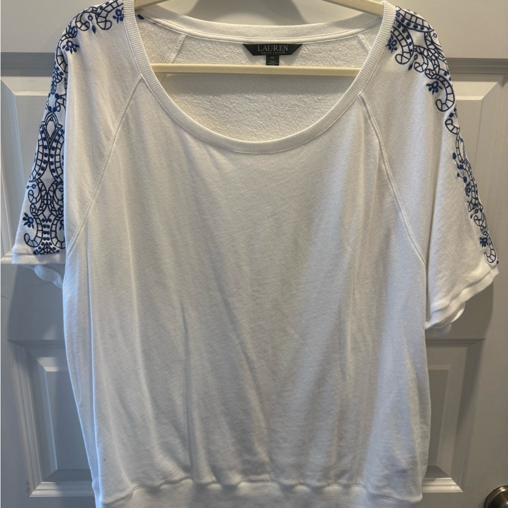 Ralph Lauren White Top with Blue Embroidery